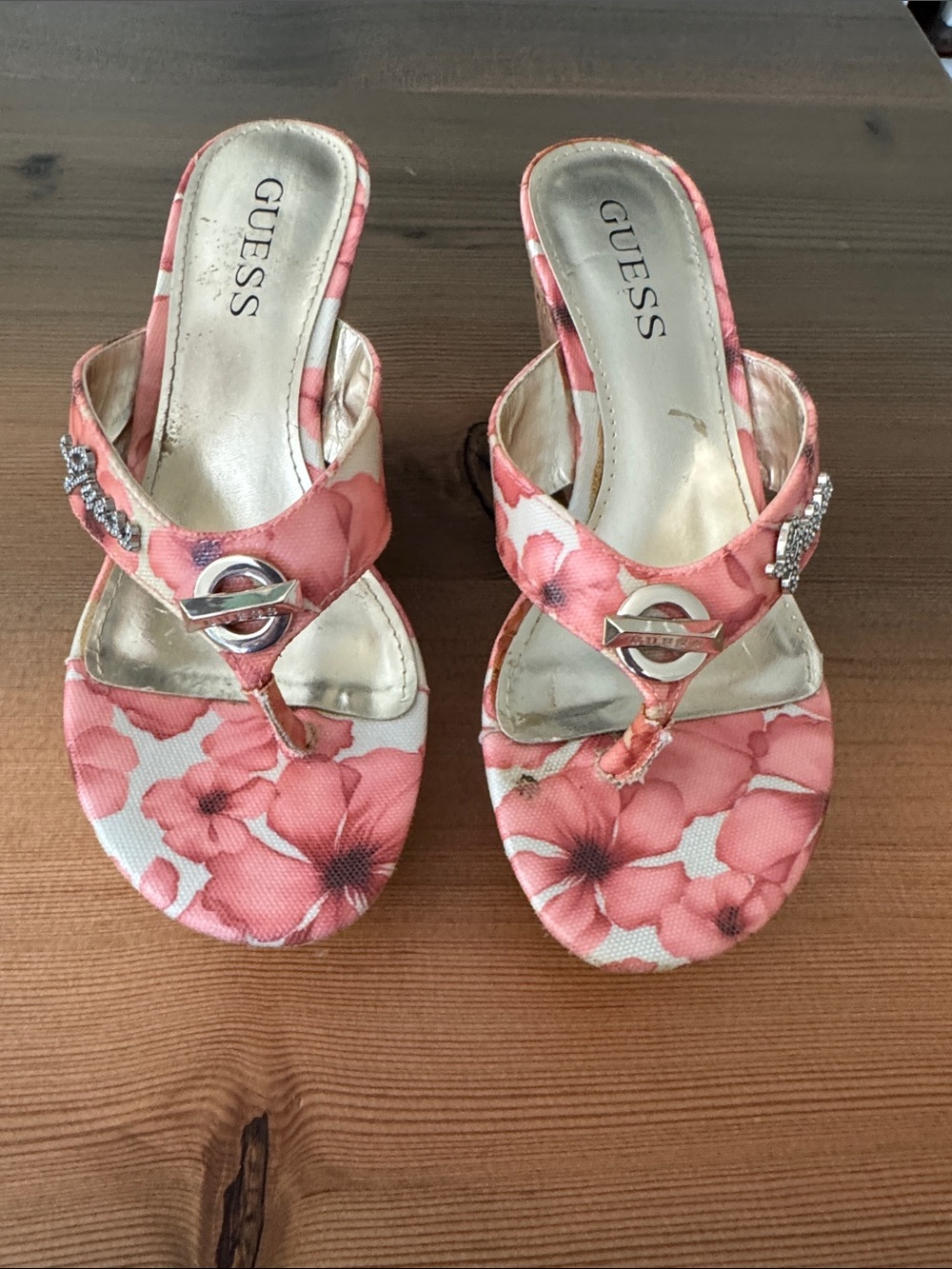GUESS Pink Floral Embellished Thong Mules